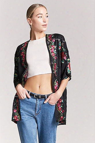 Sheer Floral Embroidered Open-front Cardigan