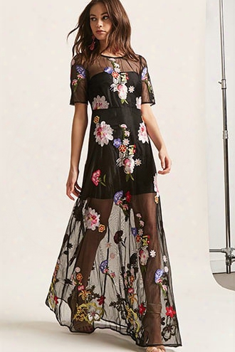 Sheer Mesh Floral Embroidered Maxi Dress