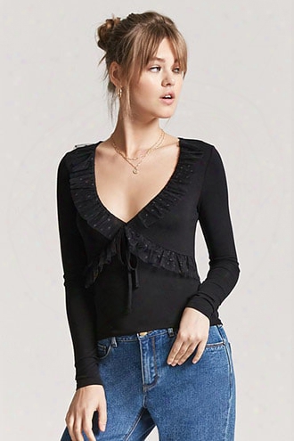 Sheer Mesh Swiss Dot Ruffle Top