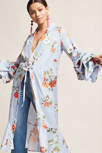 Longline Floral Pinstripe Cardigan