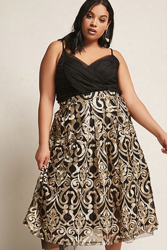 Plus Size Eta High-waist Baroque Mesh Overlay Midi Skirt