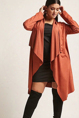 Plus Size Faux Suede Drape-front Longline Jacket