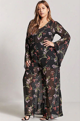 Plus Size Floral Bell-sleeve Jumpsuit