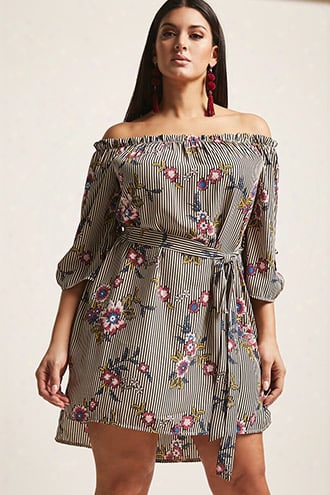 Plus Size Floral Stripe Off-the-shoulder Top