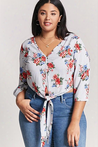 Plus Size Floral Stripe Tie-front Top