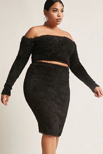 Plus Size Fuzzy Knit Off-the-shoulder Crop Top & Skirt Set