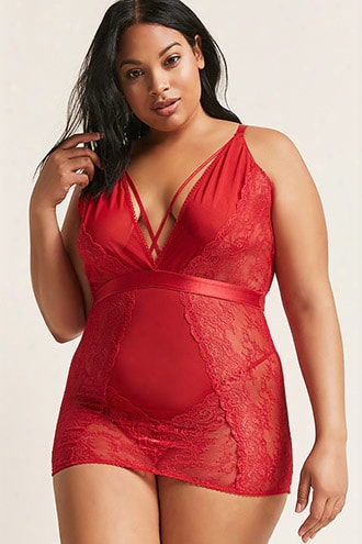 Plus Size Oh La La Cheri Sheer Lace Slip Set