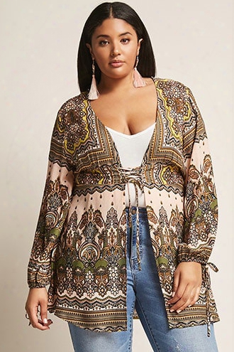 Plus Size Ornate Print Lace-up Tunic