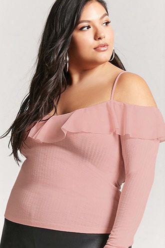 Plus Size Ribbed Knit Open-shoulder Top