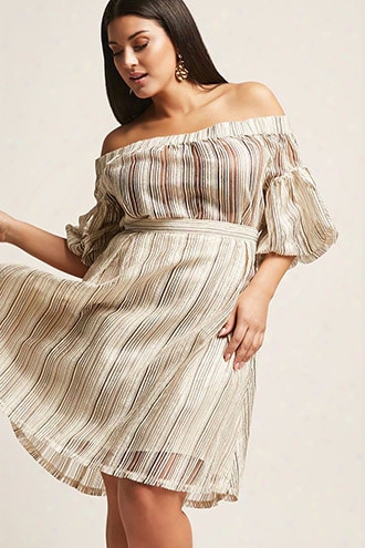 Plus Size Sheer Metallic Stripe Off-the-shoulder Top & Skirt Set