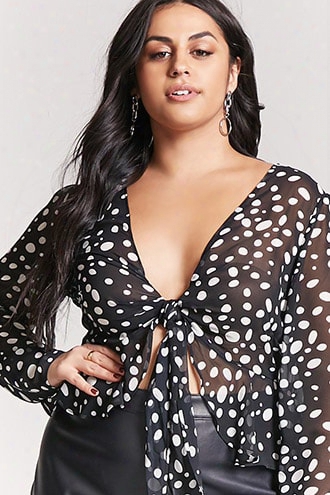 Plus Size Sheer Polka Dot Tie-front Top