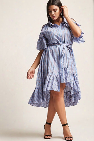 Plus Size Stripe Open-shoulder High-low Shirt Dress