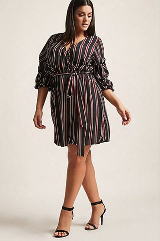 Plus Size Stripe Surplice Pickup-sleeve Dress