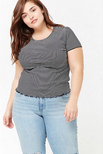 Plus Size Striped Lettuce-edge Tee