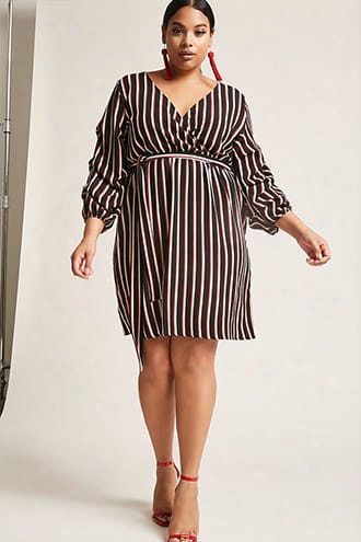 Plus Size Textured Surplice Stripe Dress