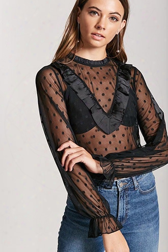 Polka Dot Sheer Flounce Mesh Top