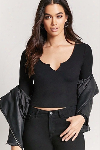 Ribbed Knit Split-neck Crop Top