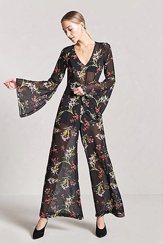 Sheer Floral Bell-sleeve Jumpsuit