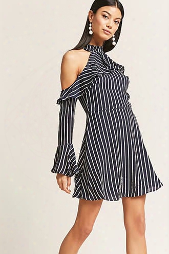 Stripe Ruffle Open-shoulder Dress