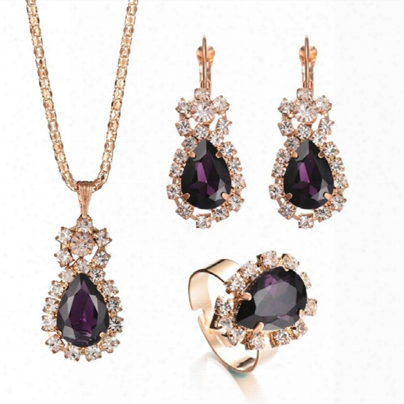 1 Set Fashion Romantic Charm Elegant Teardrop Crystal Rhinestone Metal Pendant Gold Plated Chain Necklace Earrings Rings