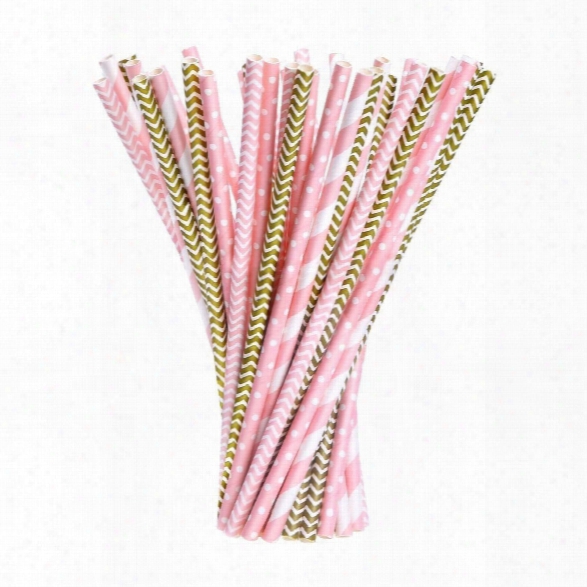 100pcs Paper Straws Drinking Decoration Straw For Birthday, Wedding, Christmas, Celebration Parties(gold And Pink)