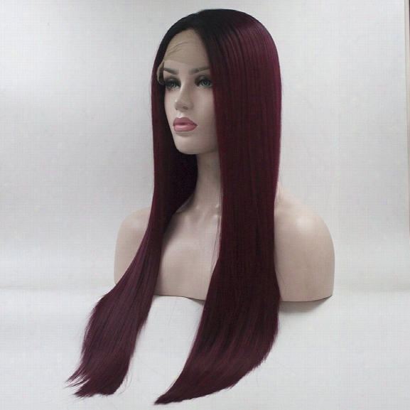 14 - 24 Inch Burgundy Long Straight Style Black Root Heat Resistant Synthetic Hair Lace Front Wigs For Women