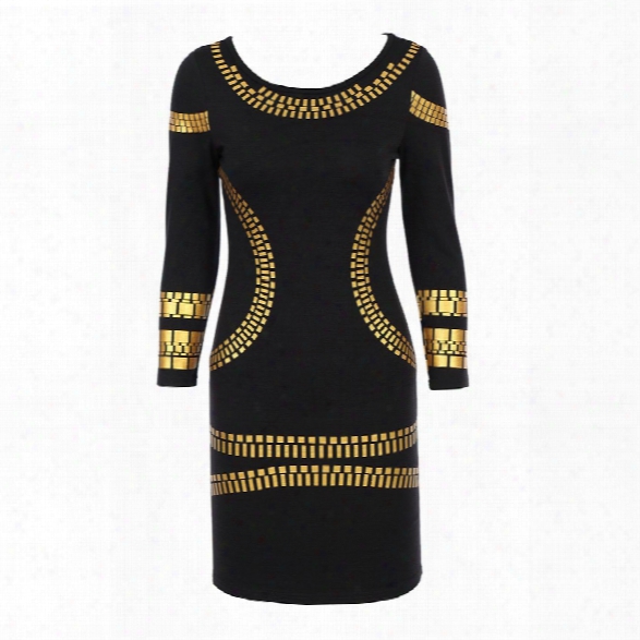 2018 Women Elegant Vintage Sexy Slim Gold Printed Cotton Long Sleeve Casual Bodycon Club Pencil Dress