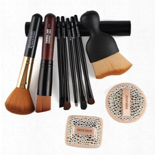 5 Pcs Eye Makeup Brushes Set With Brush Holder + 2 Pcs Powder Puffs + Wave Shape Blush Brush + Blush Brush + Foundation