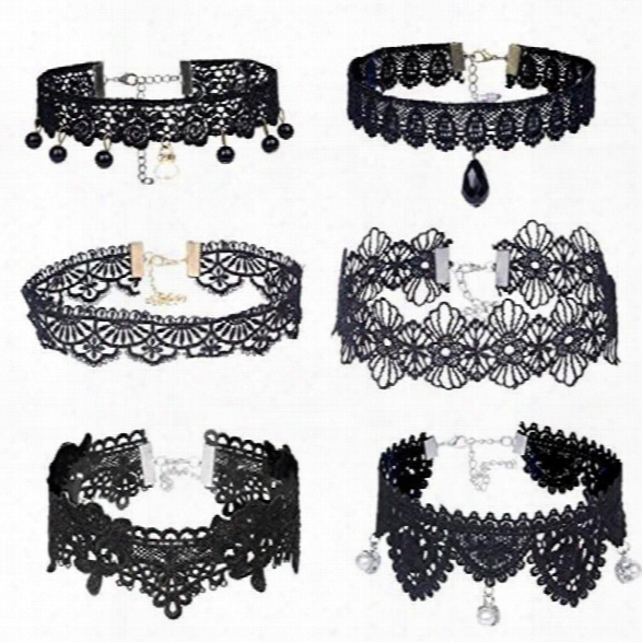 6 Pcs/set Classic Black Gothic Flora1 Tattoo Lace Choker With Pearl Pendant Flowers Tassel Collar Chokers Set For Women