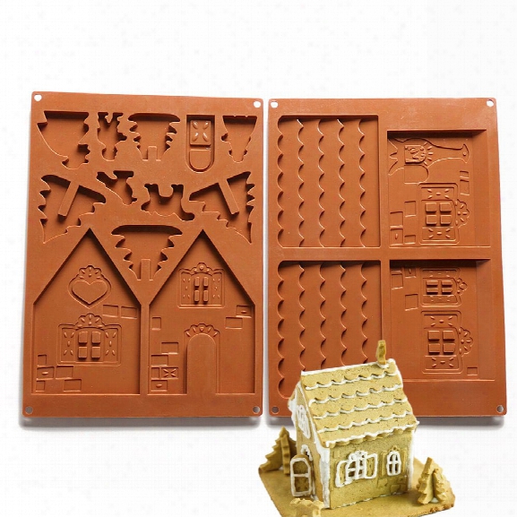 Christmas House Set Silicone Chocolate Candy Cake Biscuits Cake Baking Cooking Fondant Decoration Mould Random Color 2pc