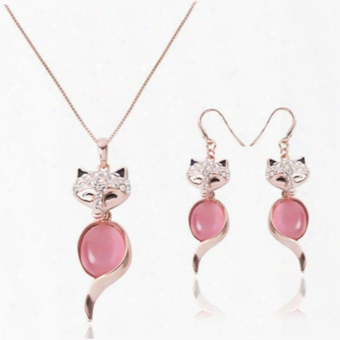 Cute Chic Rhinestone And Faux Opal Decorated Fox Shape Pendant Necklace And A Pair Of Earrings For Women