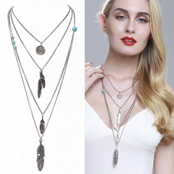 European And American Jewelry Multilayer Alloy Necklace Feather Pendant Turquoise Accessories Ladies Ornaments