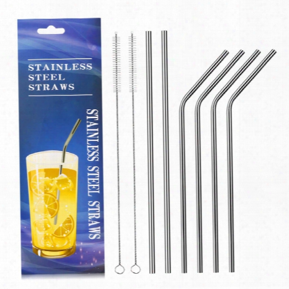 Food Grade Stainless Steel Metal Reusable Drinking Straws Set For Cocktail Latte Iced Tea With 2 Cleaning Brushes