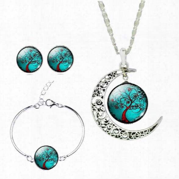 Glass Cabochon Necklace Earrings Bangle Set (totally 4 Pcs) Colorful Life Tree Art Picture Pendant Statement Chain