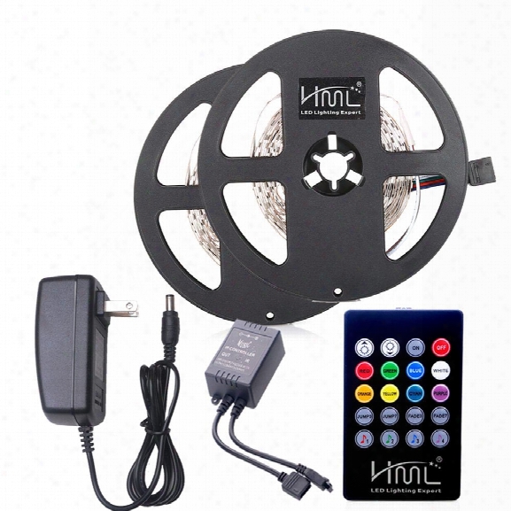 Hml 2pcs 5m 24w Rgb 2835 300 Led Strip Light - Rgb Color With Ir 20 Keys Music Remote Control And Us Adapter
