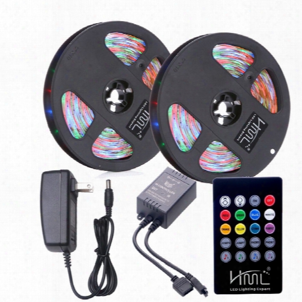 Hml 2pcs 5m Waterproof 24w Rgb 2835 300 Led Strip Light - Rgb With Ir 20 Keys Music Remote Control And Us Adapter