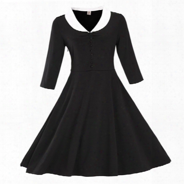 Large - Size Women's Wear Of Europe And The United States Button Decoration Vintage Doll Neckline Dress