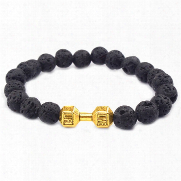 Men Gift New Arrival Barbell Matte Stone Beads Fashion Volcanic Stone Dumbbell Bracelets Black Colors