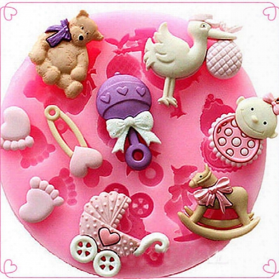 Mini Baby Bear Silicone Sugar Fondant Cake Mold Stroller Trojan Shape Chocolate Cookies Diy Bakeware Cake Decoratio