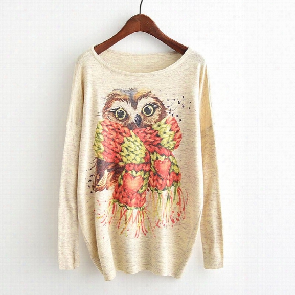 New Arrivals Autumn Winter Women Fashion Crewneck Batwing Sleeve Owls Wearing Scarves Print Knitted Sweater Loose Knitwe