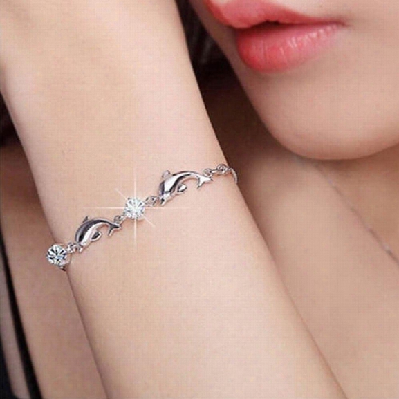 New Women Ladies Girls Fashion 925 Sterling Silver Dolphin Crystal Diamond Bracelet Chain Bangle Jewelry