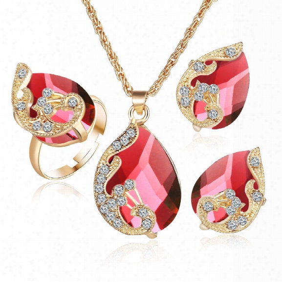 Noble Crystal Wing Water Droplets Necklace Earring Ring Set Popular Fshion Elegant Beautiful Pendant Necklaces Earrings