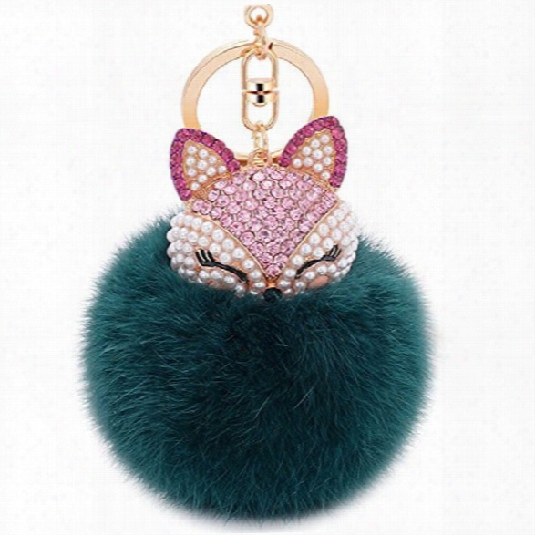 Real Fox Fur Ball With Artificial Fox Head Inlay Pearl Rhinestone Key Chain For Womens Bag Or Cellphone Or Car Pendant