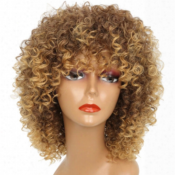 Short Kinky Curly Hair Hot Heat-resistant Synthetic Golden Blonde Mixed Color Wig For African Americcan Women