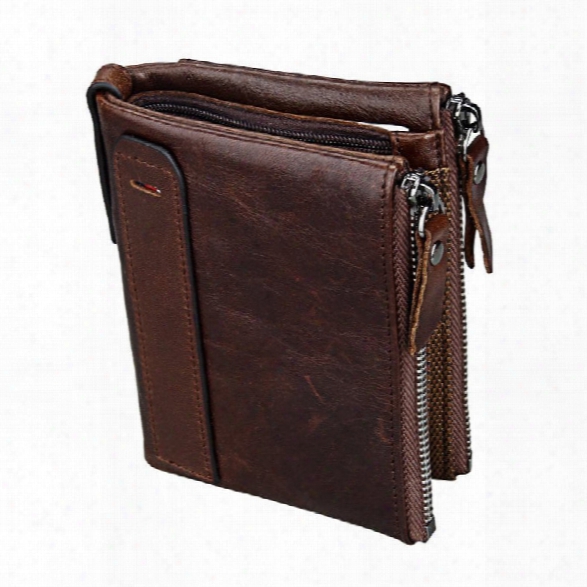 Short Retro Men Wallet Business Genuine Leather Coin Wallets Male Purse Credit Cards Holder Double Zipper