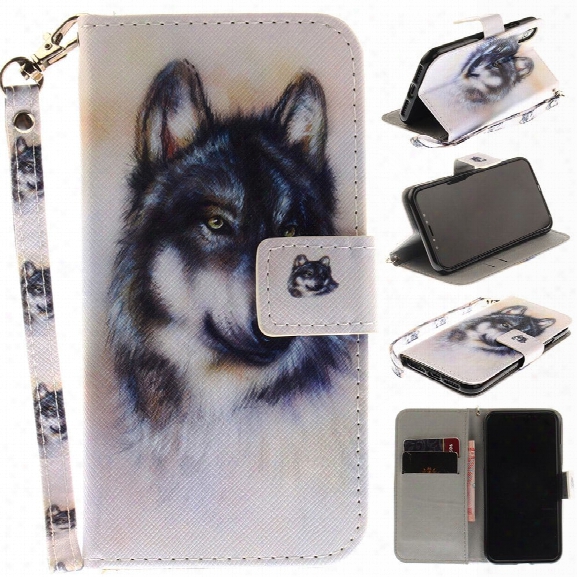 The Wolf Pattern Wrist Strap Premium Flip Wallet Protective Case [card Slots] Pu+tpu Leather Folio Magnetic Closure Stan