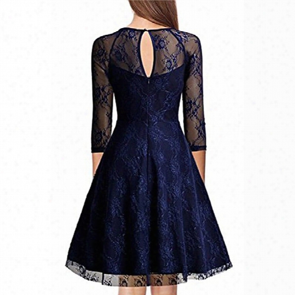 Vintage 50s 60s 2017 Women O Neck Slim Sexy Sheer A-line Pin Up Rockabilly Solid 3/4 Sleeve A-line Fashion Lace Dress