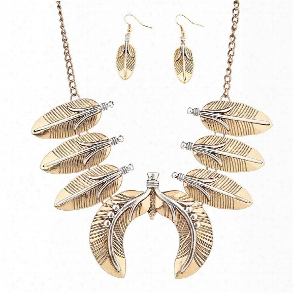 Vintage Punk Leaves Metal State Necklace For Women Bohemian Style Hyperbole Gold Silver Necklace Earring Set