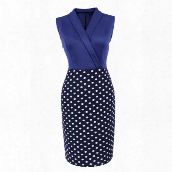 Women Elegant Sleeveless Cocktail Polka Dots Patchwork Vintage Casual Wear To Work Office Business Bodycon Pencil Dress