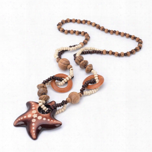 Women Vintage Obhemian National Wind Ocean Starfish Wood Bead Pendant Necklace Fashion Jewelry Birthday Present Collar
